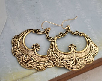 Victorian filigree statement gold filled earrings, antique gold finish vintage jewelry earrings unique jewelry cosplay gift for women