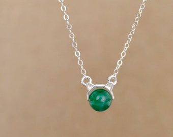 Green jadeite bead necklace, dainty minimalist cat charm necklace, 925 sterling silver charm necklace jewelry gift cat lover for women