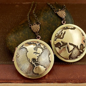 vintage world map locket necklace TRAVEL THE WORLD the earth locket traveler's locket large photo locket for women image 6