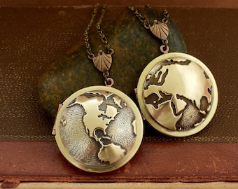 Globe map locket necklace world map continents oceans photo necklace large statement long necklace photo locket gift for women