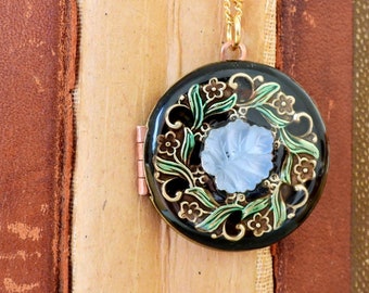 handmade vintage brass locket / floral vintage glass leaf jeweled / ENCHANTED FOREST / blue flower black cold enamel