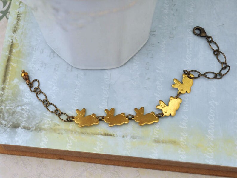 BUNNY BRACELET Antiqued Brass Baby Rabbits Bracelet Etsy
