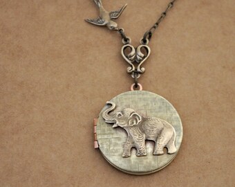 Vintage elephant sparrow locket necklace  relationship jewelry gift for her animal lovers gift safari necklace Best Of Freind for her