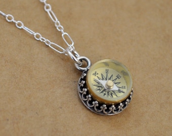 silver compass necklace - GUIDANCE - antiqued 925 sterling silver necklace with miniature vintage working compass