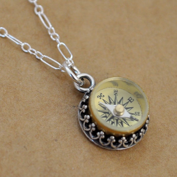 silver compass necklace - GUIDANCE - antiqued 925 sterling silver necklace with miniature vintage working compass