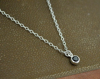 sterling silver necklace, black onyx charm, TINY BLACK DOT,  dainty wear, everyday necklace in silver, bridesmaid gift,  black gemstone