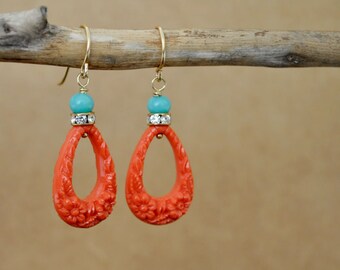 handmade 12k gold filled earrings vintage 40s lucite coral red floral drops with blue glass beads and Swarovski rhinestones