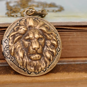 lion locket, vintage style brass locket, BRAVE ONE, round pendant lion locket necklace in antiqued brass, photo locket necklace