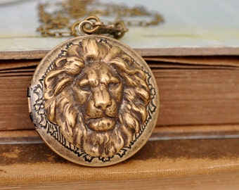 lion locket, vintage style brass locket, BRAVE ONE, round pendant lion locket necklace in antiqued brass, photo locket necklace