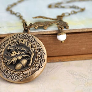 brass acorn locket necklace FIND UNDER The OAKTREE antiqued brass acorn and oak tree leaf locket necklace image 1