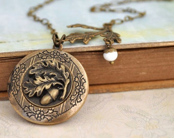 brass acorn locket necklace - FIND UNDER The OAKTREE - antiqued brass acorn and oak tree leaf locket necklace