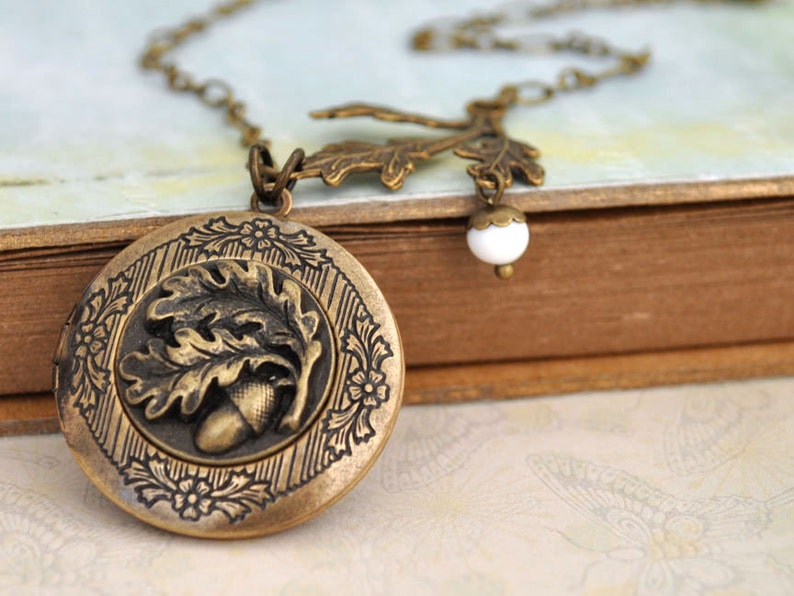 brass acorn locket necklace FIND UNDER The OAKTREE antiqued brass acorn and oak tree leaf locket necklace image 1