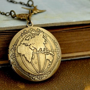 Vintage globe earth locket necklace, the world peace locket, map locket, ONE WORLD antiqued brass map locket necklace traveler necklace