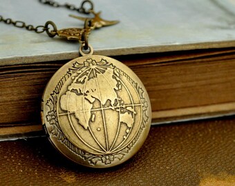 Vintage globe earth locket necklace, the world peace locket, map locket, ONE WORLD antiqued brass map locket necklace traveler necklace