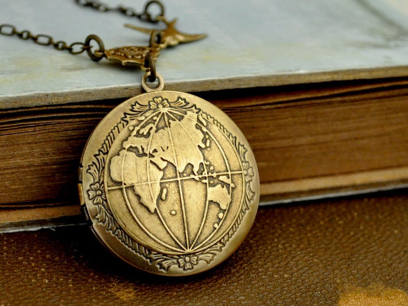 Vintage globe earth locket necklace, the world peace locket, map locket, ONE WORLD antiqued brass map locket necklace traveler necklace image 1