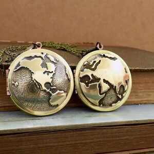 vintage world map locket necklace TRAVEL THE WORLD the earth locket traveler's locket large photo locket for women image 4