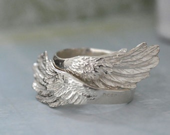 handmade 925 sterling silver wing ring set WINGED oxidized ring set, antique silver, solid cast feather wing,