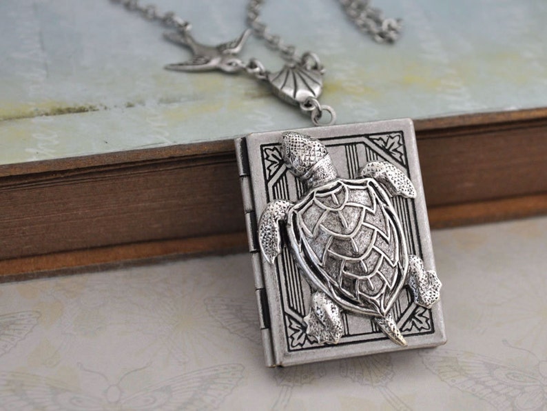 handmade silver book locket, sea turtle and sparrow bird photo locket, locket for 2 pictures, long chain, antique silver plated book locket image 3