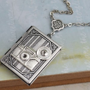 silver locket necklace, THE CAMERA LOCKET, vintage camera charm locket, book locket, by Plasticouture