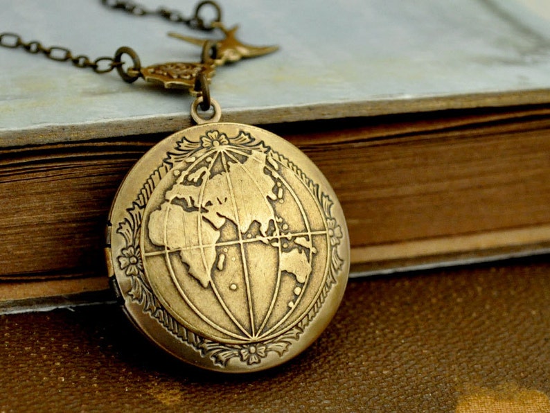 brass map locket necklace, the world locket, peace locket, map locket, ONE WORLD, antiqued locket necklace gift for women image 2