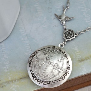 Silber Medaillon Halskette, ONE WORLD antike Silber Weltkarte Globus Medaillon Halskette
