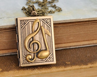 antiqued brass locket necklace, THE G-CLEF, music notes necklace, music lover locket, book locket, gift for musician
