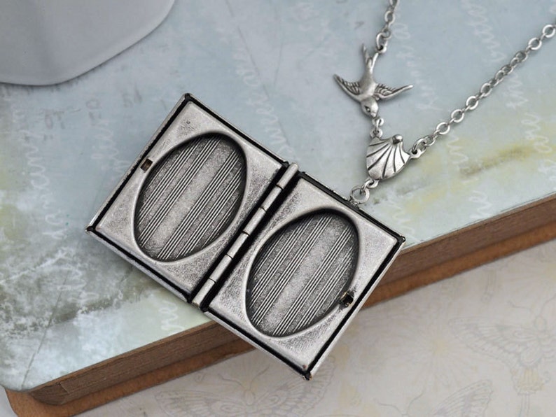 handmade silver book locket, sea turtle and sparrow bird photo locket, locket for 2 pictures, long chain, antique silver plated book locket image 4