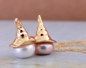 handmade petite hat pendant with pearl / mad hatter / harry potter sorting hat / witch hat Halloween / 14k gold filled chain / purple pink