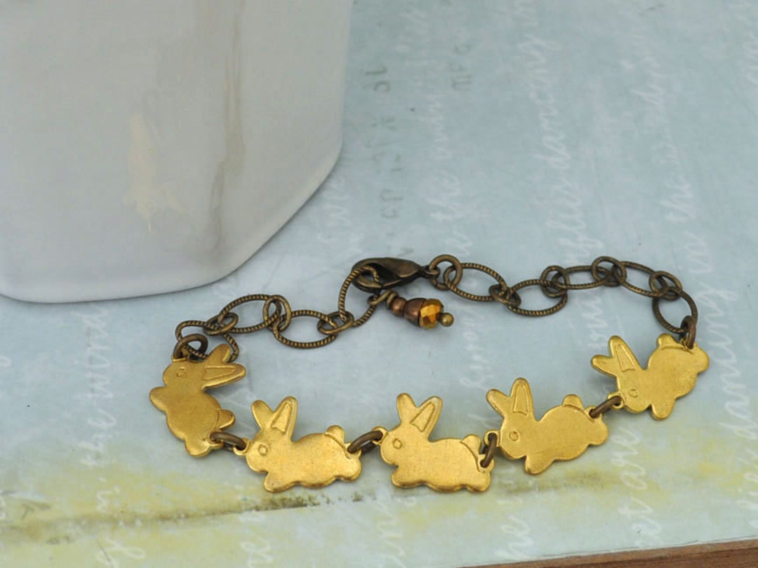 BUNNY BRACELET Antiqued Brass Baby Rabbits Bracelet Etsy