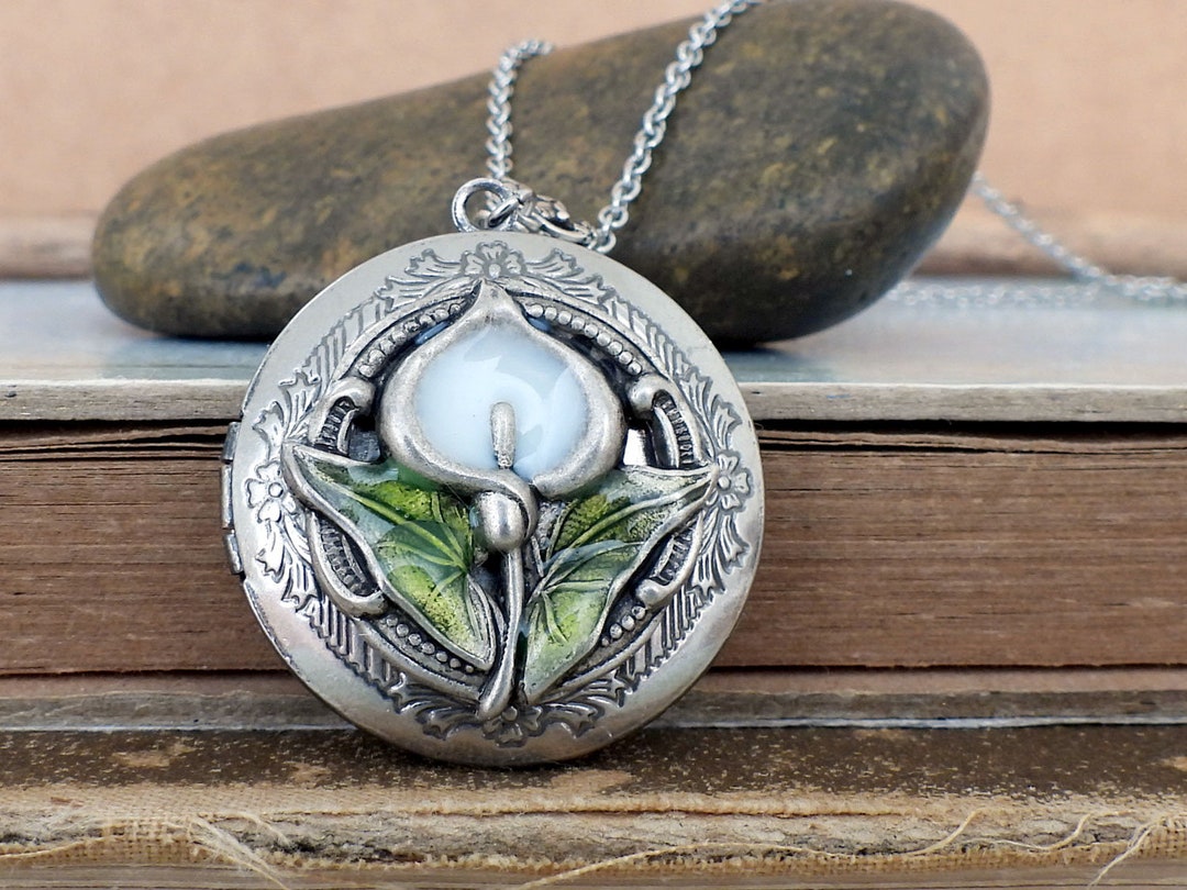 Handmade Cold Enamel Silver Calla Lily Locket Necklace / Silver Floral ...