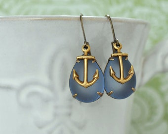 anchor and sea glass earrings - THE SEA GLASS - vintage frosted pear shaped glass jewel earrings with tiny anchor charms