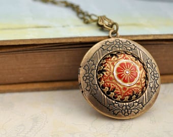 antiqued brass vintage glass jeweled locket necklace / hand painted pressed glass cab locket necklace in antiqued brass