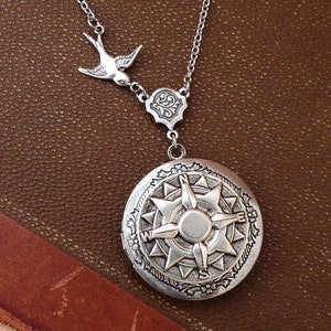 silver compass locket - GUIDANCE - antiqued silver plated locket necklace. sundial compass. silver compass necklace.
