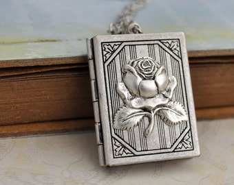 locket necklace, silver book locket, ROSE LOCKET, silver locket, flower locket, book locket, large pendant, long chain,