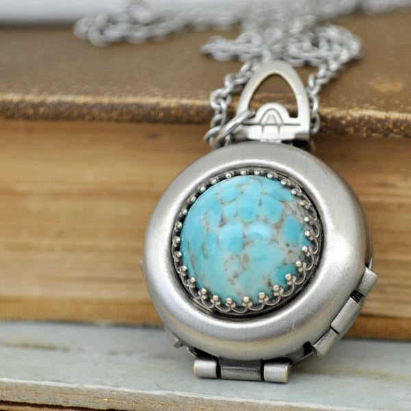 antiqued silver 4 layer folded photo locket necklace, VINTAGE SPARKLE, vintage blue turquoise glass cab locket necklace, long chain,