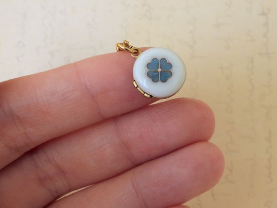 Tiny gold clover locket necklace vintage brass locket blue cold enamel shamrock charm petite photo locket charm necklace gift for women