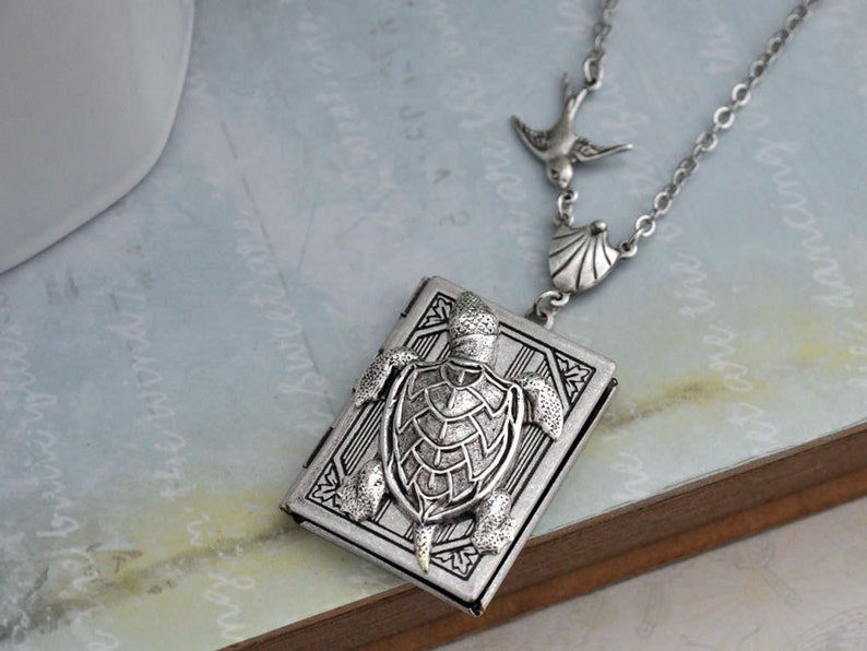 handmade silver book locket, sea turtle and sparrow bird photo locket, locket for 2 pictures, long chain, antique silver plated book locket image 1