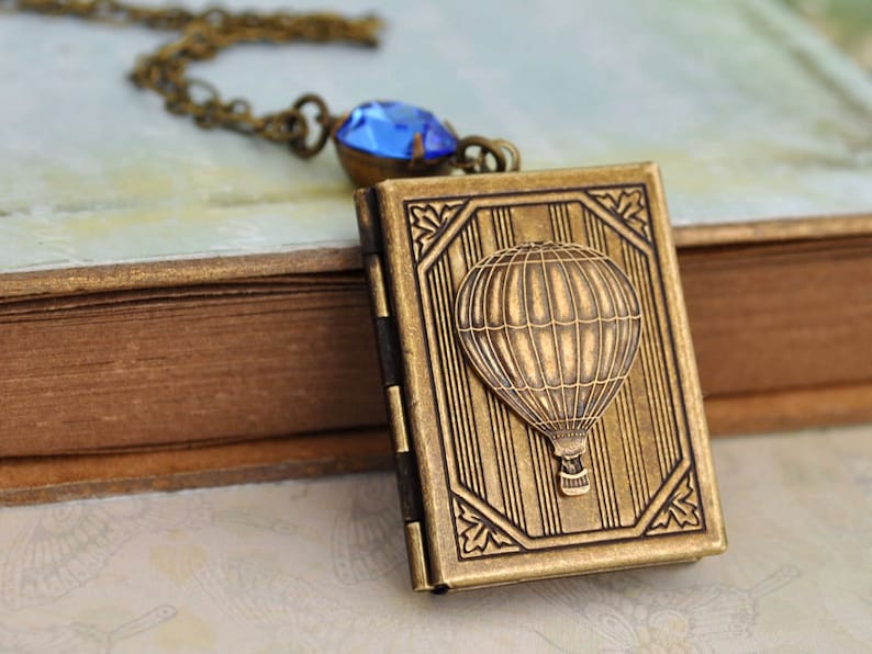 vintage style balloon locket necklace JOURNEY travel the world with hot air balloon image 1