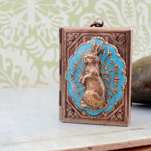 Rabbit locket enamel jewelry bunny book photo locket turquoise blue cold enamel handmade Victorian style locket necklace with photos gift