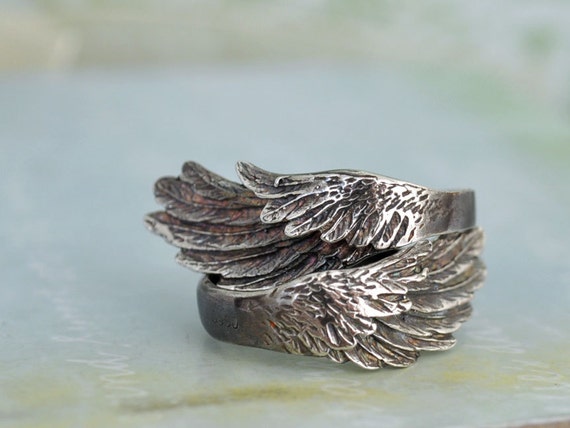 sterling silver wing ring set WINGED oxidzied sterling silver | Etsy