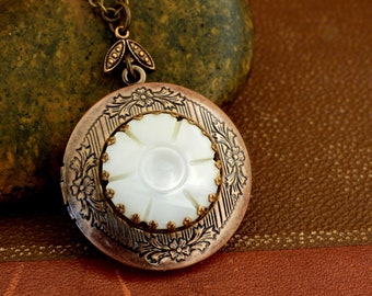 THE FLOWER LOCKET handmade photo locket necklace with hand carved vintage white shell cab locket necklace in antiqued brass