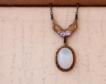 Antiqued brass moonstone glass jeweled antique brass necklace, shimmer moonlight, enameled Victorian style