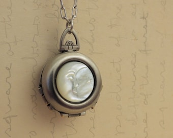 Silver Moonface locket necklace Crescent Moon shell cameo moon and star folded photo locket necklace photo jewelry for women