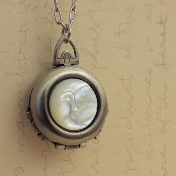 Silver Moonface locket necklace Crescent Moon shell cameo moon and star folded photo locket necklace photo jewelry for women