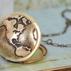 vintage world map locket necklace TRAVEL THE WORLD the earth locket traveler's locket large photo locket for women