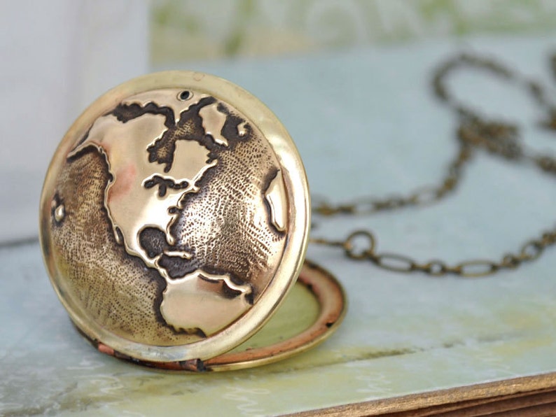 vintage style locket necklace TRAVEL THE WORLD  globe image 1