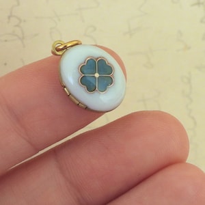 Tiny gold clover locket necklace vintage brass locket blue cold enamel shamrock charm petite photo locket charm necklace gift for women