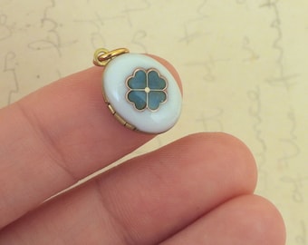 Tiny gold clover locket necklace vintage brass locket blue cold enamel shamrock charm petite photo locket charm necklace gift for women