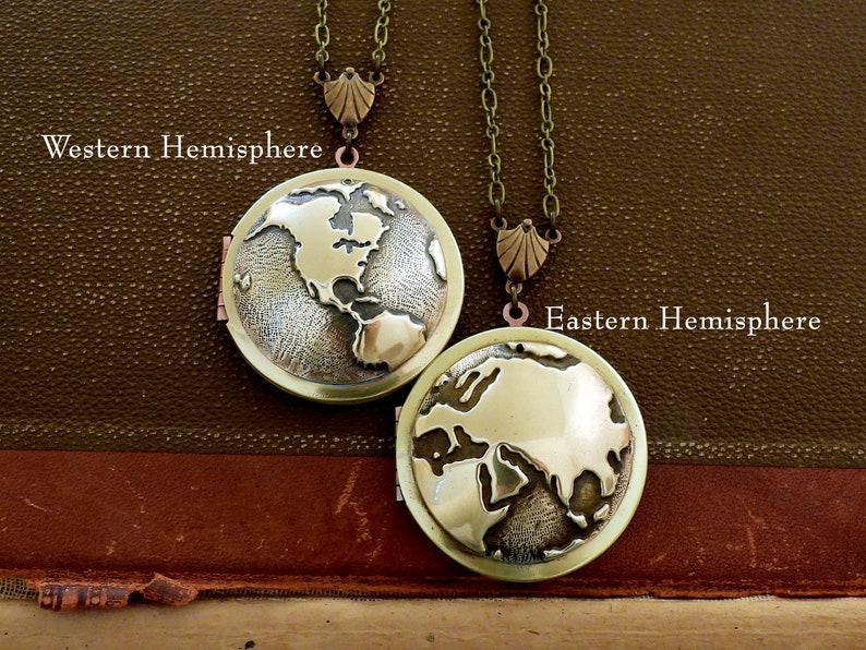 vintage world map locket necklace TRAVEL THE WORLD the earth locket traveler's locket large photo locket for women image 3