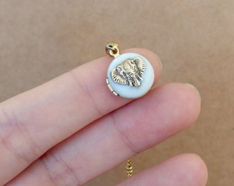vintage locket necklace / gold plated satiliete bead chain / elephant locket / tiny petite photo locket charm / cold enamel / white charm